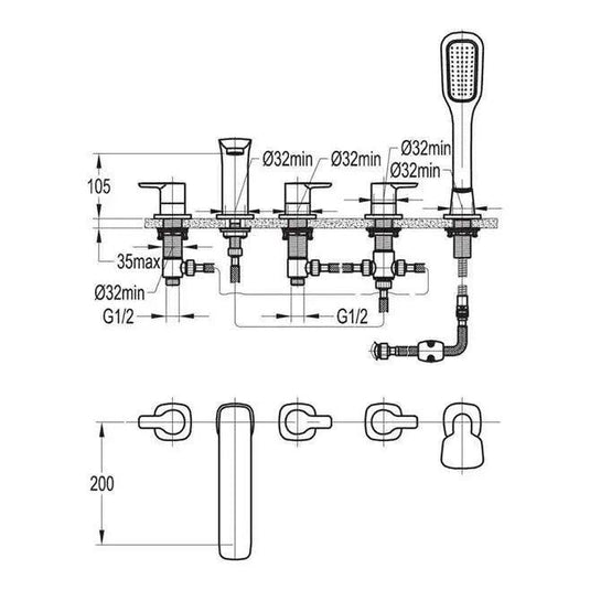 Flova Urban 5 Hole Deck Mounted Bath Shower Mixer Tap with Pull Out Handset UR5HBSM - Envy Bathrooms Ltd