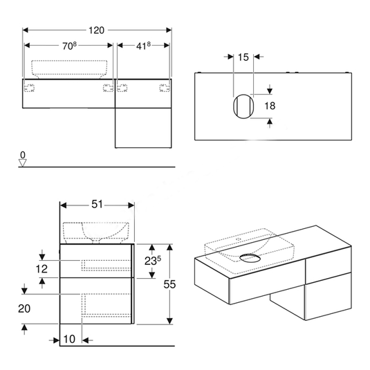 Geberit VariForm 1200mm Vanity Unit for Lay On Washbasin 3 Drawers Shelf & Trap White | 501.183.00.1
