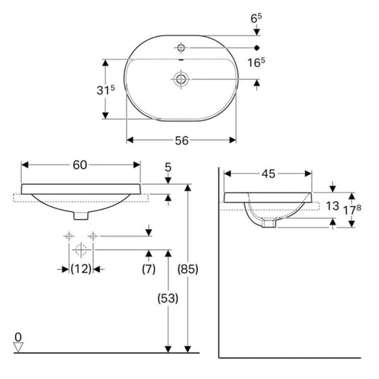 Geberit VariForm 600mm Elliptic Countertop Basin 1 Tap Hole White | 500.734.01.2