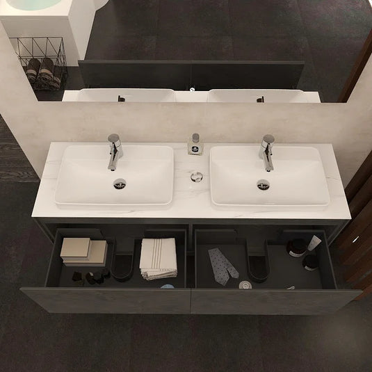 Imex Arco 1600mm Twin Single Drawer Wall Mounted Vanity Unit in Grey Marble - FZHF2781-1600-B0004 - Envy Bathrooms Ltd