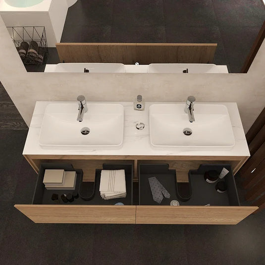 Imex Arco 1600mm Twin Single Drawer Wall Mounted Vanity Unit in Natural Oak - FZHF2781-1600-B0001 - Envy Bathrooms Ltd