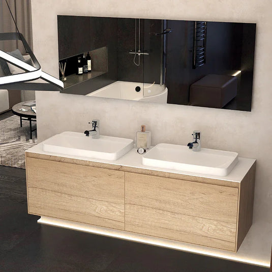 Imex Arco 1600mm Twin Single Drawer Wall Mounted Vanity Unit in Natural Oak - FZHF2781-1600-B0001 - Envy Bathrooms Ltd