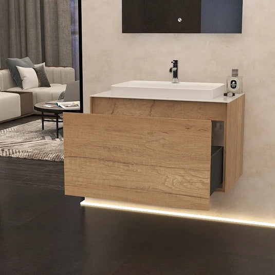 Imex Arco 800mm Single Drawer Wall Mounted Vanity Unit in Natural Oak - FZHF2781-800-B0001 - Envy Bathrooms Ltd