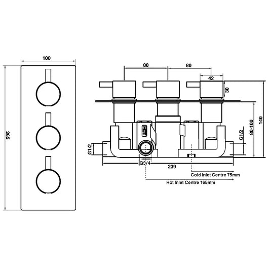 Imex Arco Twin Outlet Three Handle Concealed Valve - 6003 - Envy Bathrooms Ltd