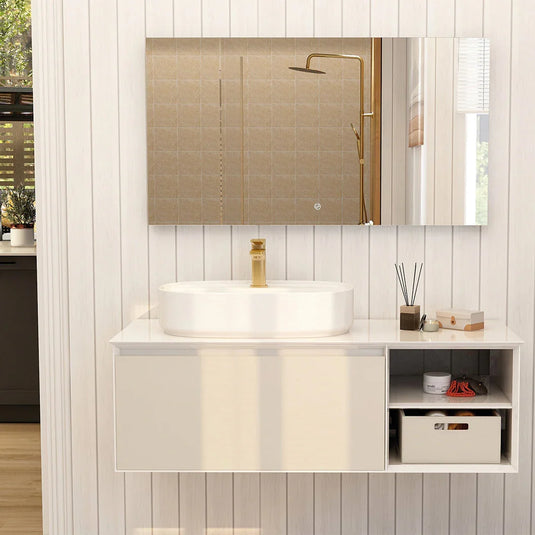 Imex Essence 1200mm Single Drawer Wall Mounted Vanity Unit with Open Storage in Cashmere - FZHM2773-1200-Q0007 - Envy Bathrooms Ltd