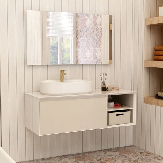 Imex Essence 1200mm Single Drawer Wall Mounted Vanity Unit with Open Storage in Cashmere - FZHM2773-1200-Q0007 - Envy Bathrooms Ltd