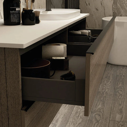 Imex Liberty 1500 x 500mm Four Drawer Wall Mounted Vanity Unit in Grey Oak - FZHF2775-1500-B0031 - Envy Bathrooms Ltd