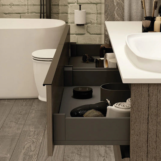 Imex Liberty 1500 x 500mm Four Drawer Wall Mounted Vanity Unit in Grey Oak - FZHF2775-1500-B0031 - Envy Bathrooms Ltd
