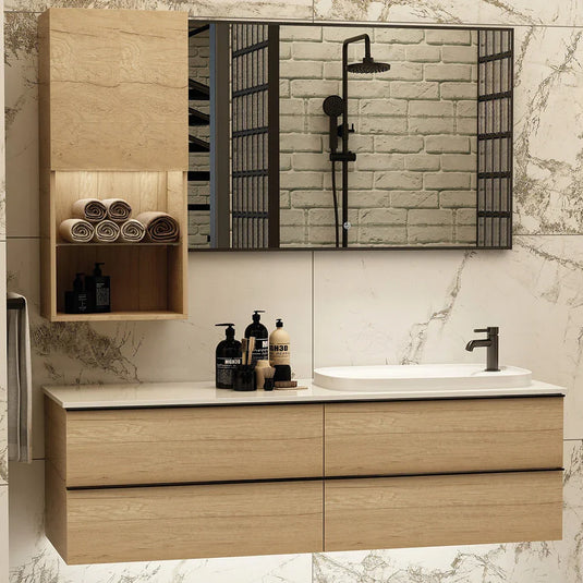 Imex Liberty 1500 x 500mm Four Drawer Wall Mounted Vanity Unit in Natural Oak - FZHF2775-1500-B0001 - Envy Bathrooms Ltd