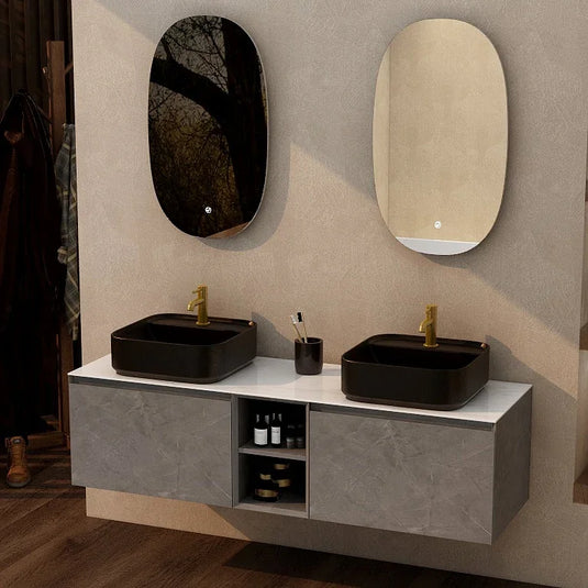 Imex Ravine 1500mm Twin Single Drawer Wall Mounted Vanity Unit with Storage in Grey Marble - FZHF2780-1500-B0004 - Envy Bathrooms Ltd
