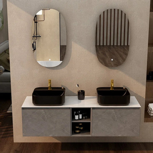 Imex Ravine 1500mm Twin Single Drawer Wall Mounted Vanity Unit with Storage in Grey Marble - FZHF2780-1500-B0004 - Envy Bathrooms Ltd