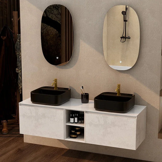 Imex Ravine 1500mm Twin Single Drawer Wall Mounted Vanity Unit with Storage in Natural Stone - FZHF2780-1500-B0026 - Envy Bathrooms Ltd