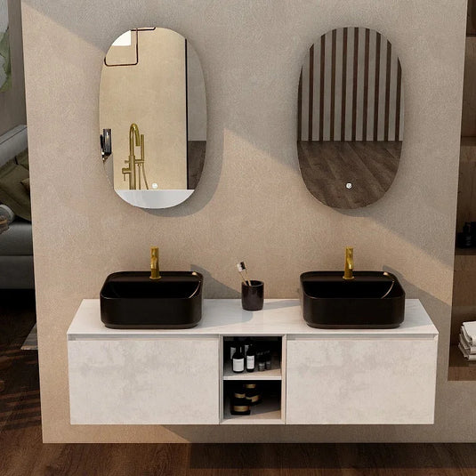 Imex Ravine 1500mm Twin Single Drawer Wall Mounted Vanity Unit with Storage in Natural Stone - FZHF2780-1500-B0026 - Envy Bathrooms Ltd