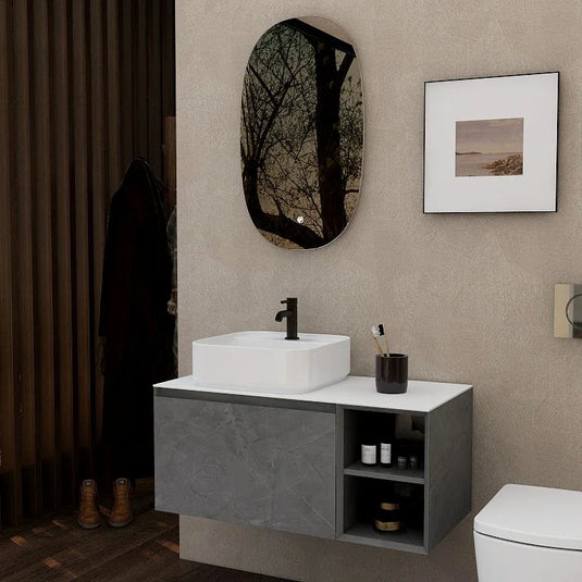 Imex Ravine 900mm Single Drawer Wall Mounted Vanity Unit with Open Storage in Grey Marble - FZHF2780-900-B0004 - Envy Bathrooms Ltd
