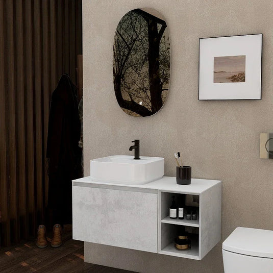Imex Ravine 900mm Single Drawer Wall Mounted Vanity Unit with Open Storage in Natural Stone - FZHF2780-900-B0026 - Envy Bathrooms Ltd