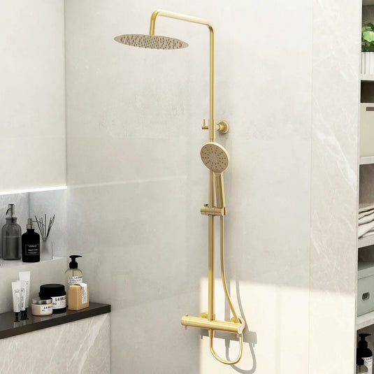 Imex Ravine Cool Touch, Easy Fix, Thermostatic Shower Set in Brushed Brass with Fixed Overhead Shower and Multifunction Adjustable Handset - RAVRRPDFBB - Envy Bathrooms Ltd