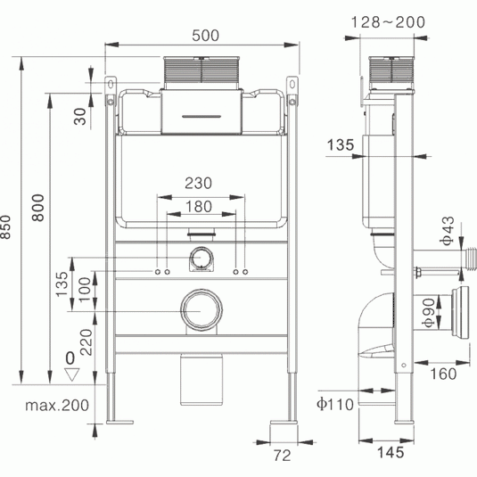 Imex Reduced Height Wall Hung WC Bowl Frame System with Top Mounted Chrome Dual Flush Plate - CF02TOP - Envy Bathrooms Ltd