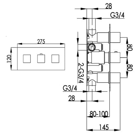 JTP Athena Thermostatic Concealed Horizontal Shower Valve 2 Outlet with Triple Handle - Chrome - Envy Bathrooms Ltd