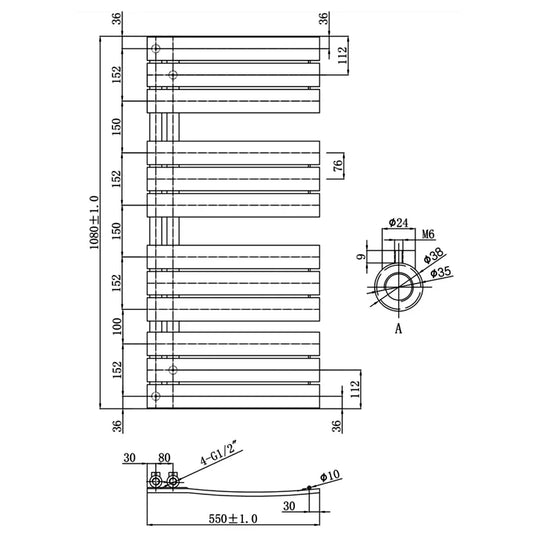 JTP Cleo Designer Heated Towel Rail 1080mm H x 550mm W - Matt Black - Envy Bathrooms Ltd