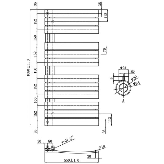 JTP Cleo Designer Heated Towel Rail 1080mm H x 550mm W - Brushed Brass - Envy Bathrooms Ltd