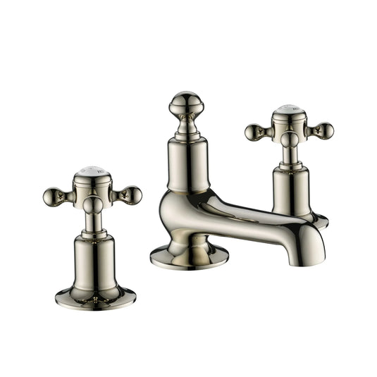JTP Grosvenor 3-Hole Deck Mounted Basin Mixer Tap Cross Handle - Nickel - 76193NK - Envy Bathrooms Ltd