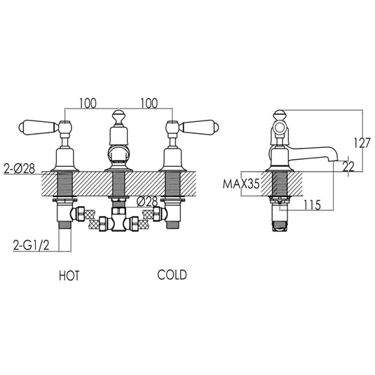 JTP Grosvenor 3-Hole Deck Mounted Basin Mixer Tap Lever Handle - Antique Brass - Envy Bathrooms Ltd