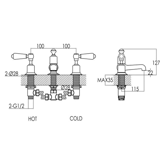 JTP Grosvenor 3-Hole Deck Mounted Basin Mixer Tap Lever Handle - Chrome/White - Envy Bathrooms Ltd