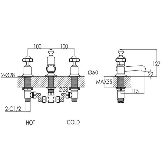 JTP Grosvenor 3-Hole Deck Mounted Basin Mixer Tap Pinch Handle - Chrome/Black - Envy Bathrooms Ltd