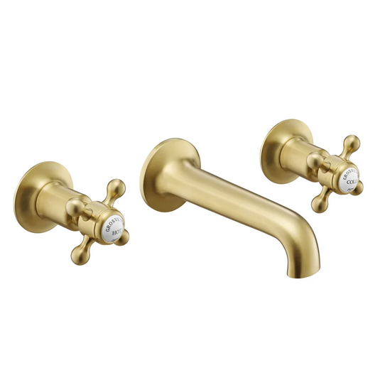 JTP Grosvenor 3-Hole Wall Mounted Basin Mixer Tap Cross Handle - Brushed Brass - 76089ABBR - Envy Bathrooms Ltd