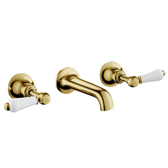 JTP Grosvenor 3-Hole Wall Mounted Basin Mixer Tap Lever Handle - Antique Brass - Envy Bathrooms Ltd