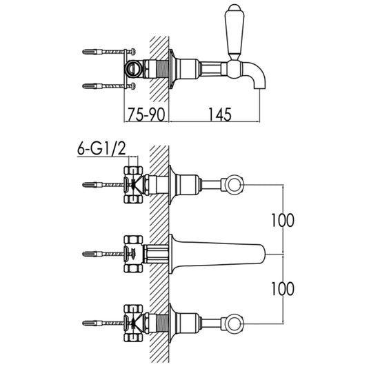 JTP Grosvenor 3-Hole Wall Mounted Basin Mixer Tap Lever Handle - Antique Brass - Envy Bathrooms Ltd