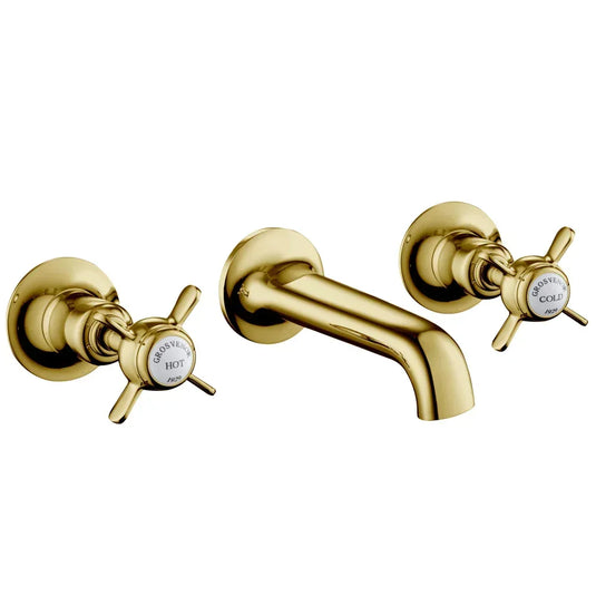 JTP Grosvenor 3-Hole Wall Mounted Basin Mixer Tap Pinch Handle - Antique Brass - Envy Bathrooms Ltd