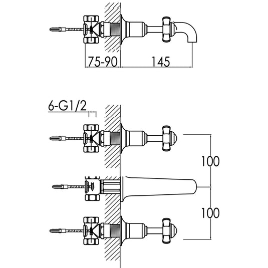 JTP Grosvenor 3-Hole Wall Mounted Basin Mixer Tap Pinch Handle - Antique Brass - Envy Bathrooms Ltd