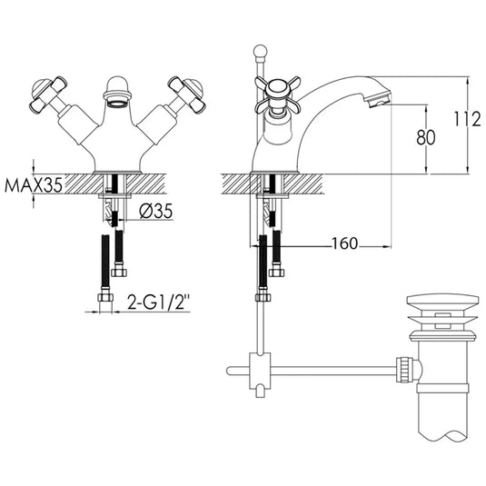 JTP Grosvenor Basin Mixer Tap with Pop Up Waste Pinch Handle - Chrome/Black - Envy Bathrooms Ltd