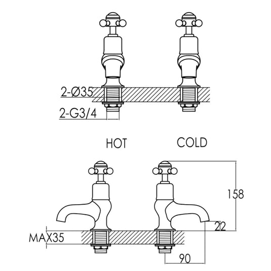 JTP Grosvenor Bath Taps Pair Cross Handle - Chrome - Envy Bathrooms Ltd