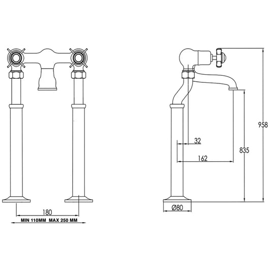 JTP Grosvenor Black Indices Freestanding Bath Filler Tap - Chrome - Envy Bathrooms Ltd