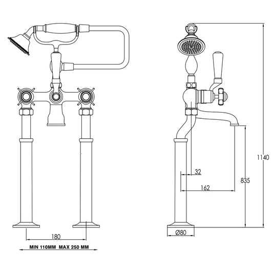 JTP Grosvenor Black Indices Freestanding Bath Shower Mixer Tap with Shower Kit - Pinch Handle - Chrome - Envy Bathrooms Ltd