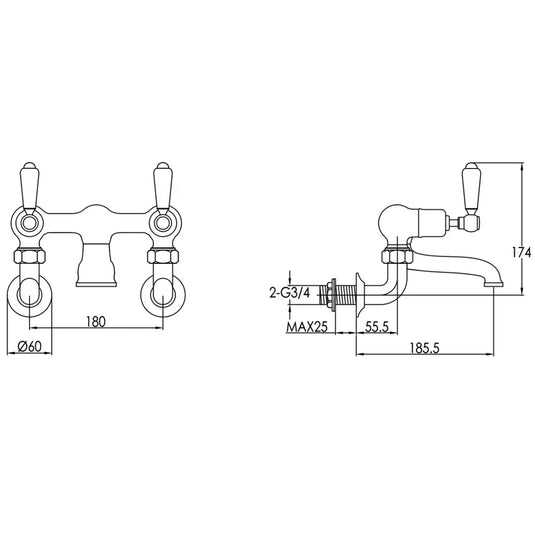 JTP Grosvenor Black Indices Lever Handle Wall Mounted Bath Filler Tap - Chrome - Envy Bathrooms Ltd