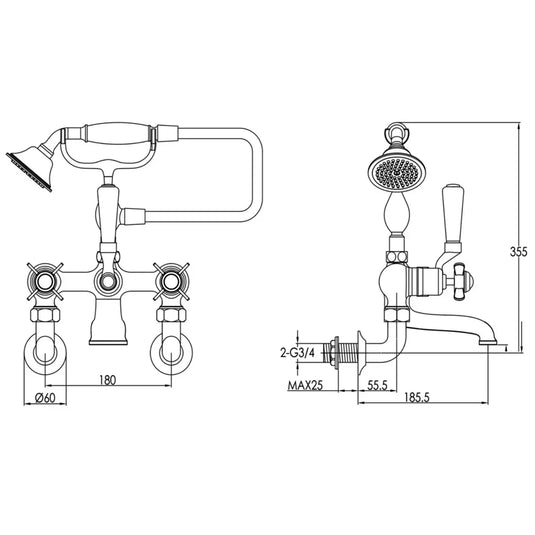 JTP Grosvenor Black Indices Wall Mounted Bath Shower Mixer Tap with Shower Kit - Chrome - Envy Bathrooms Ltd