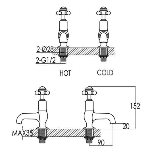 JTP Grosvenor Cloakroom Basin Taps Pair Cross Handle - Antique Brass - Envy Bathrooms Ltd