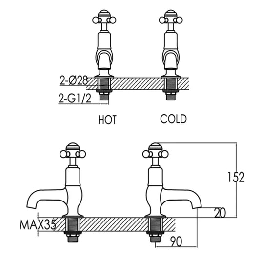 JTP Grosvenor Cloakroom Basin Taps Pair Cross Handle - Chrome/Black - Envy Bathrooms Ltd