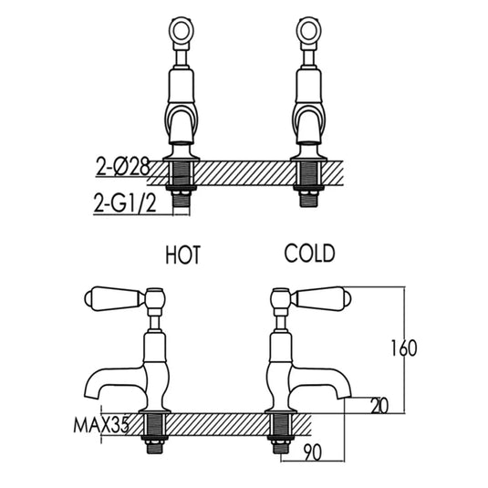 JTP Grosvenor Cloakroom Basin Taps Pair Lever Handle - Antique Brass - Envy Bathrooms Ltd