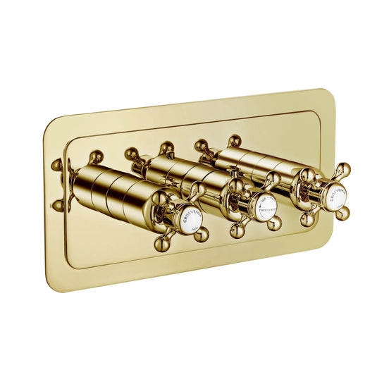 JTP Grosvenor Cross Thermostatic 3-Outlets Concealed Shower Valve - Polished Gold - 76692G - Envy Bathrooms Ltd