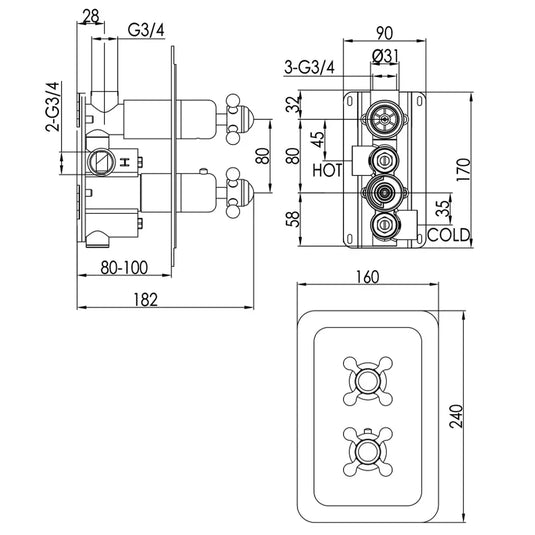 JTP Grosvenor Cross Thermostatic Concealed 1 Outlet Shower Valve - Chrome/Black - Envy Bathrooms Ltd