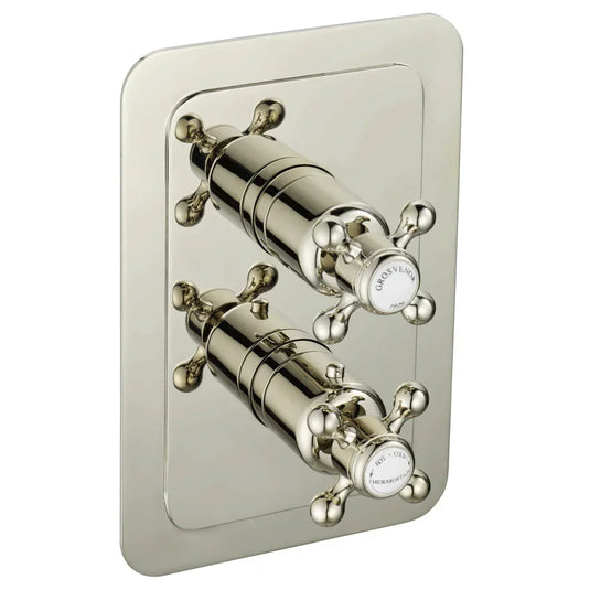 JTP Grosvenor Cross Vertical Thermostatic 2-Outlets Concealed Shower Valve - Dual Handle - Nickel - Envy Bathrooms Ltd