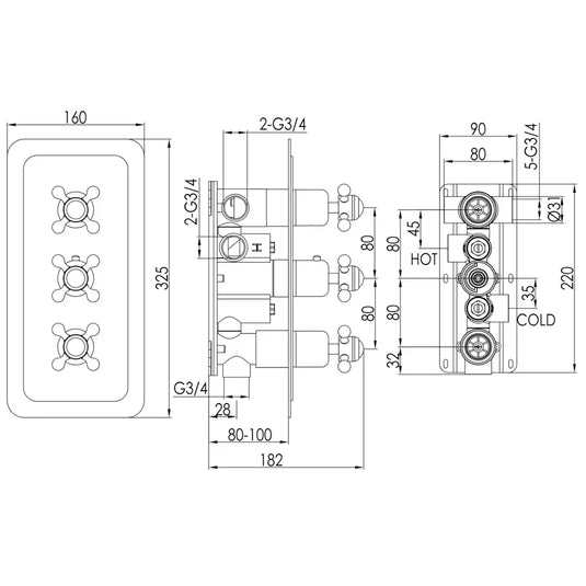 JTP Grosvenor Cross Vertical Thermostatic 3-Outlets Concealed Shower Valve - Nickel - Envy Bathrooms Ltd