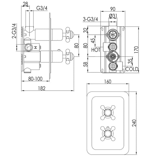 JTP Grosvenor Cross Vertical Thermostatic Concealed 1 Outlet Shower Valve Dual Handle - Gold/White - Envy Bathrooms Ltd