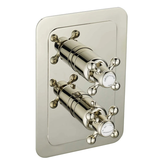 JTP Grosvenor Cross Vertical Thermostatic Concealed 1 Outlet Shower Valve Dual Handle - Nickel - 76651NK - Envy Bathrooms Ltd