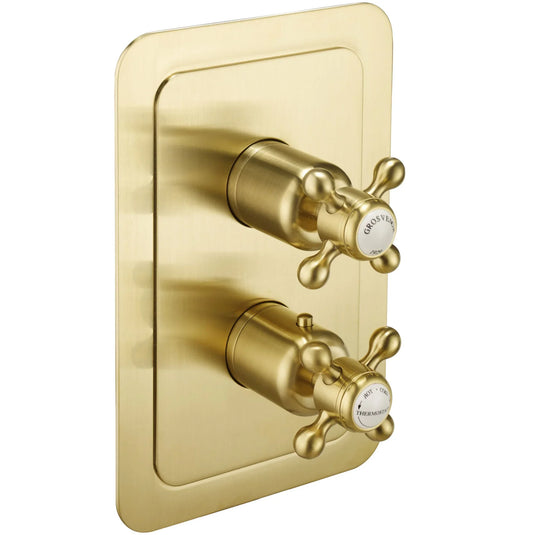 JTP Grosvenor Cross Vertical Thermostatic Concealed 2 Outlets Shower Valve Dual Handle - Brushed Brass - 76671BBR - Envy Bathrooms Ltd