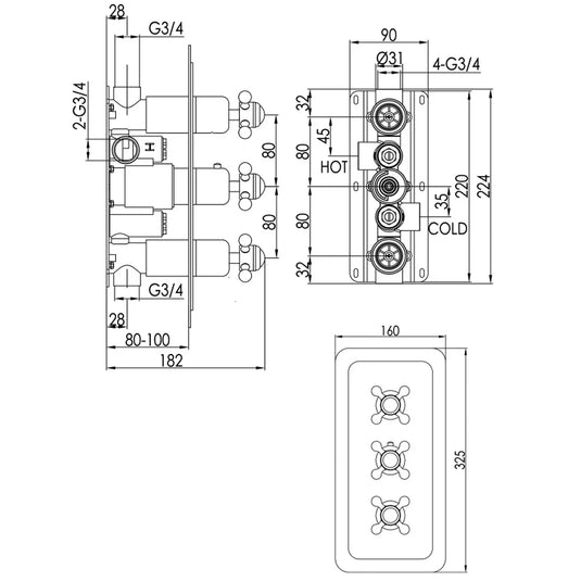 JTP Grosvenor Cross Vertical Thermostatic Concealed 2 Outlets Shower Valve Triple Handle - Chrome/Black - Envy Bathrooms Ltd